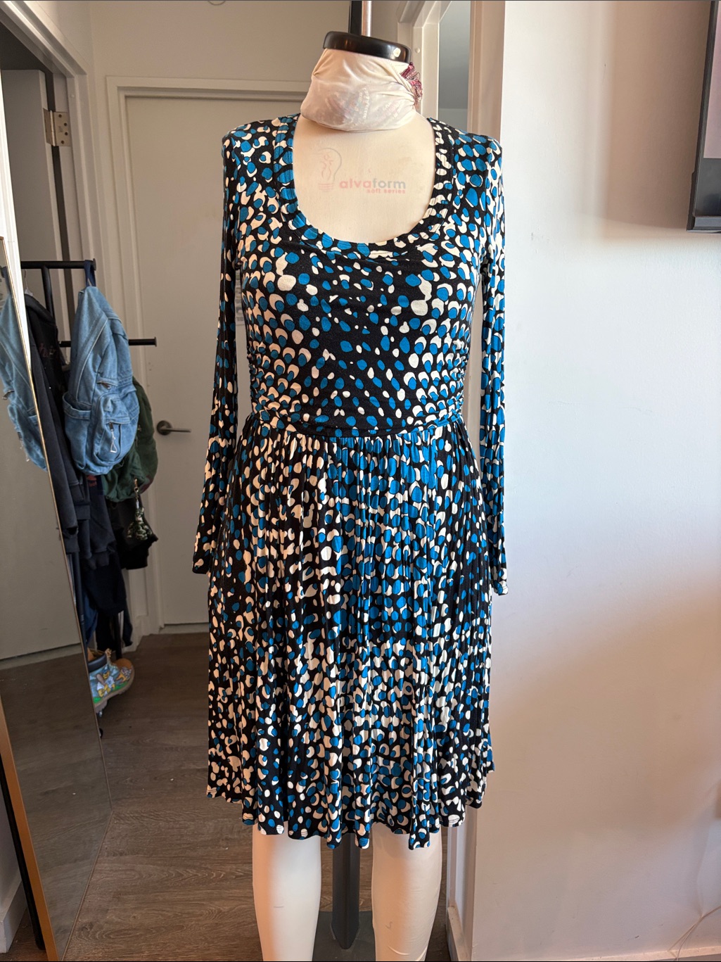 Plenty By Tracy Reese Blue, Black & White Polka-Dot Pleated Long-Sleeve Dress